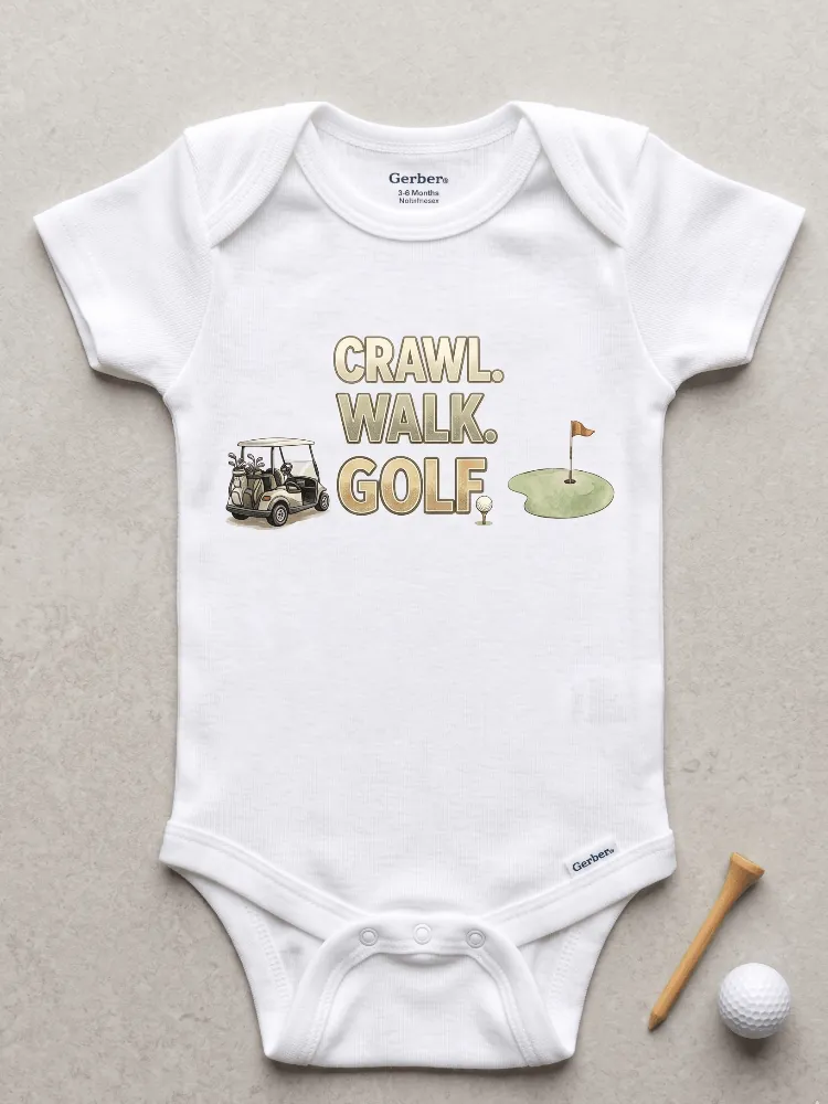 White baby onesie with golf-themed design on a gray background