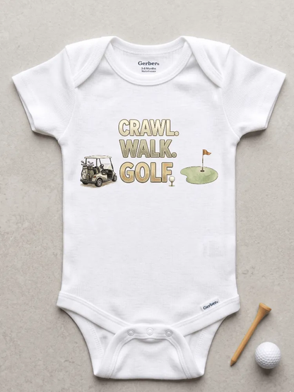 White baby onesie with golf-themed design on a gray background