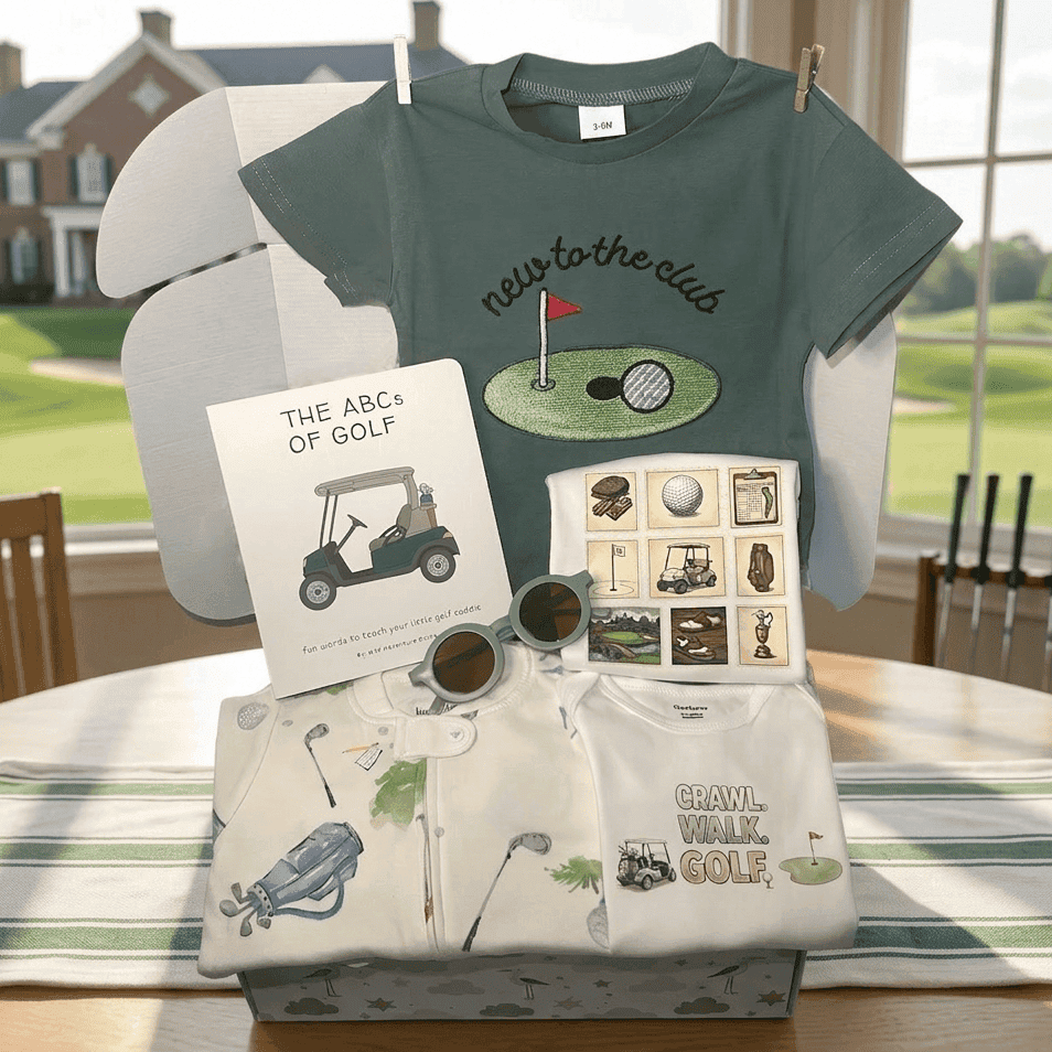 Children's t-shirt, baby romper, and books on a table with a golf-themed design.