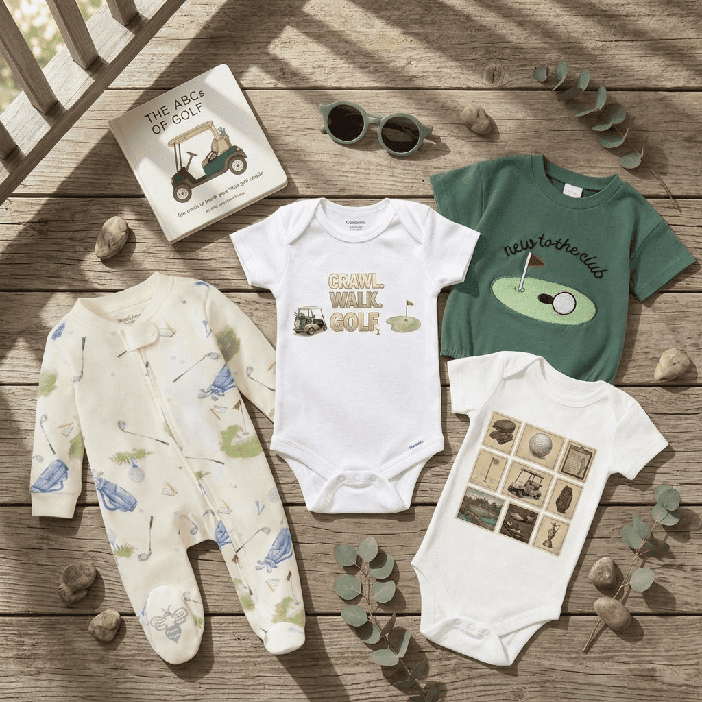 Collection of baby clothing and accessories on a wooden surface with golf-themed designs.