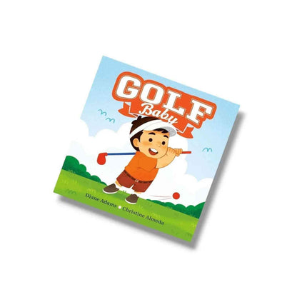 Golf Baby children's book cover with cartoon boy swinging club, themed gift for baby showers