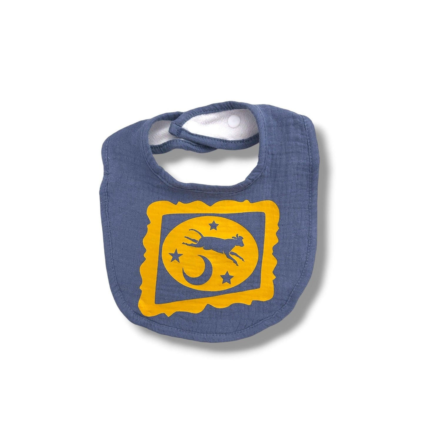 Blue baby bib with yellow border and cow jumping over the moon design on a white background
