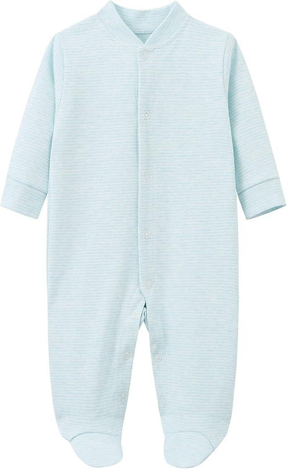 Light blue baby onesie with a zipper on a white background