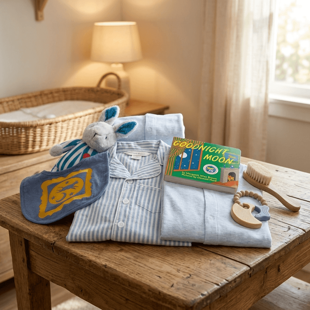 Baby clothing and items on a wooden table in a nursery setting