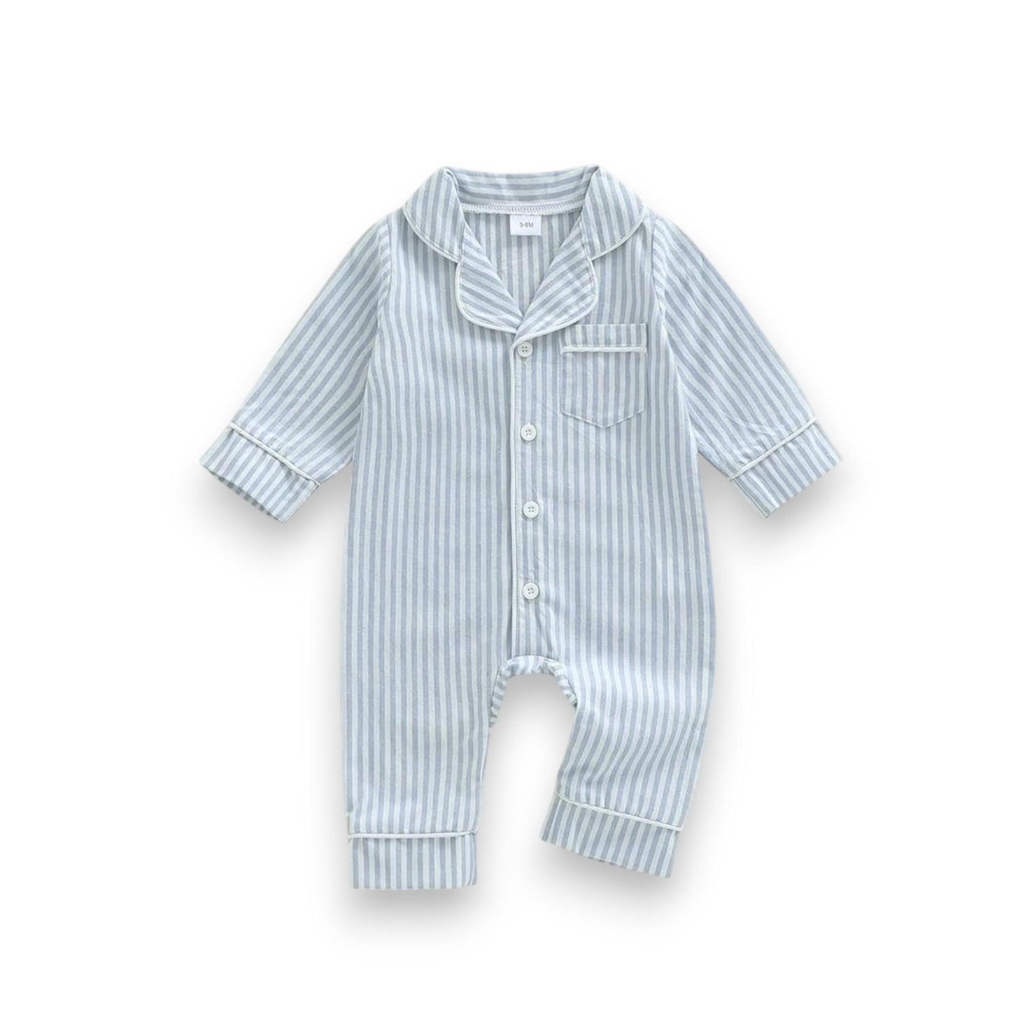 Blue and white striped baby romper on a white background