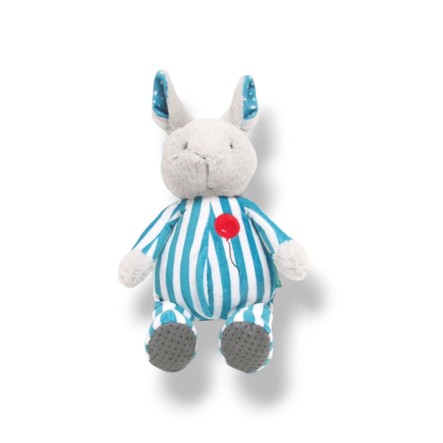Plush toy rabbit in blue and white striped pajamas with a red button on a white background