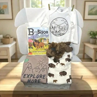 Baby items including a onesie, blanket, book, and stuffed animal on a table with a home setting in the background.