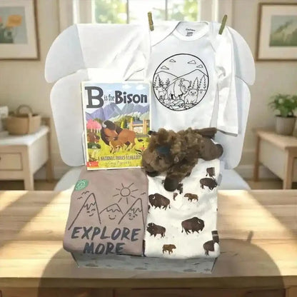 Baby items including a onesie, blanket, book, and stuffed animal on a table with a home setting in the background.