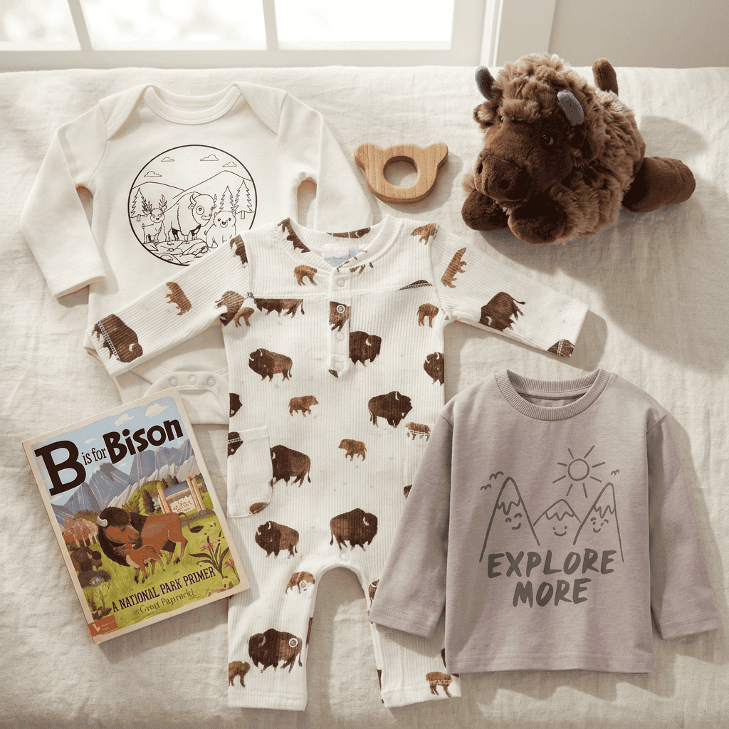 Children's clothing and toys including a onesie with bison design, a baby bison plush toy, and a book titled 'B is for Bison'.