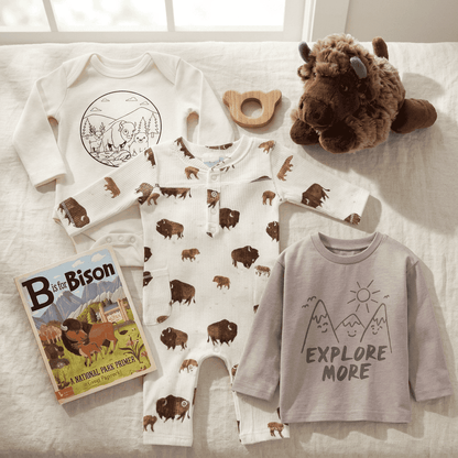 Children's clothing and toys including a onesie with bison design, a baby bison plush toy, and a book titled 'B is for Bison'.