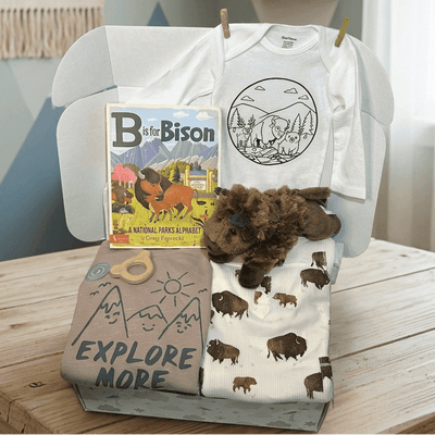 Baby items including t-shirts, a book, and a blanket with bison designs on a wooden table.