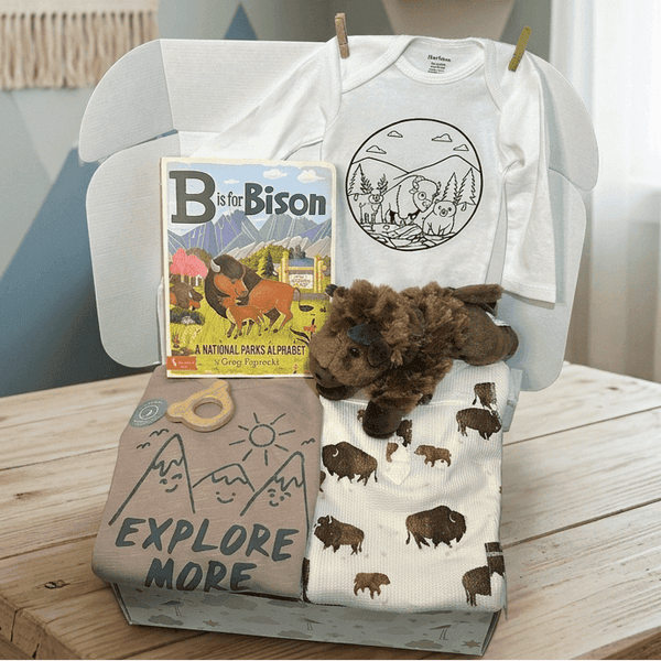Baby items including t-shirts, a book, and a blanket with bison designs on a wooden table.