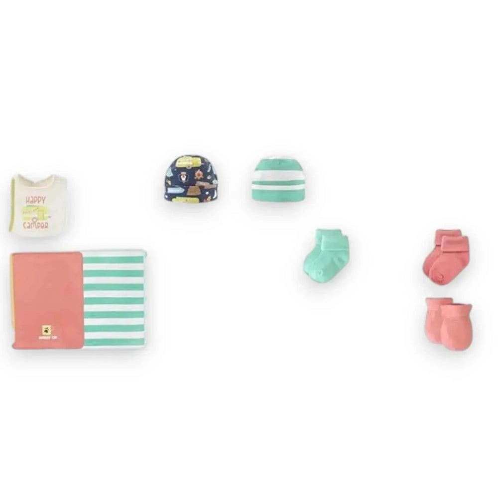 Baby gift set with 'Happy Camper' bib, striped blanket, hats, and socks in mint and coral