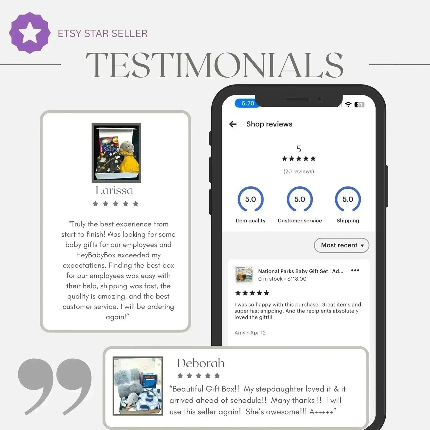 5-star testimonials for themed baby gift boxes, showcasing customer reviews and high ratings on mobile