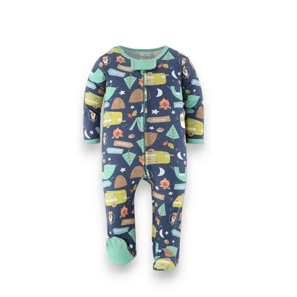 Camping-themed baby footed pajamas with campers, tents, and stars on navy background, perfect for baby showers