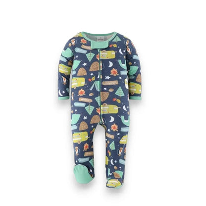 Camping-themed baby footed pajamas with campers, tents, and stars on navy background, perfect for baby showers