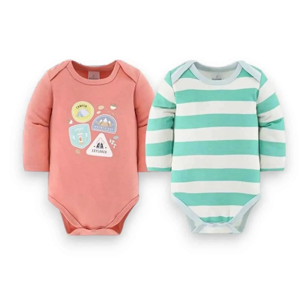 Pink explorer-themed and mint striped baby onesies, perfect for themed baby gifts and showers