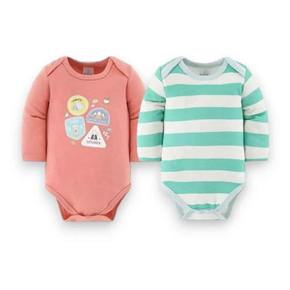 Pink explorer-themed and mint striped baby onesies, perfect for themed baby gifts and showers