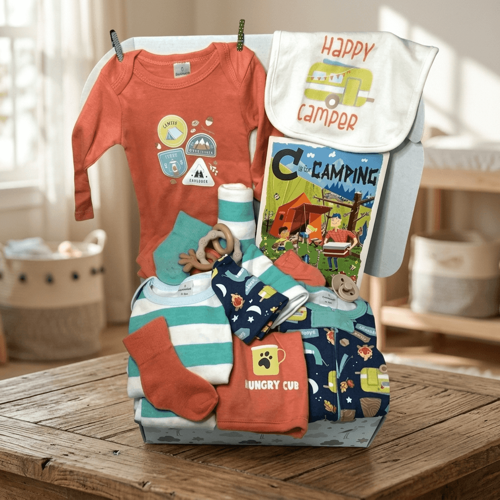 A baby clothing gift basket displayed on a wooden table in a softly lit nursery. The basket contains a coral-orange long-sleeve bodysuit with camping-themed graphics, a white bib with 'Happy Camper' and a yellow camper print, a striped shirt, folded navy pants with a yellow sun graphic, a coral-orange 'Hungry Cub' shirt, and a 'Camping' book.