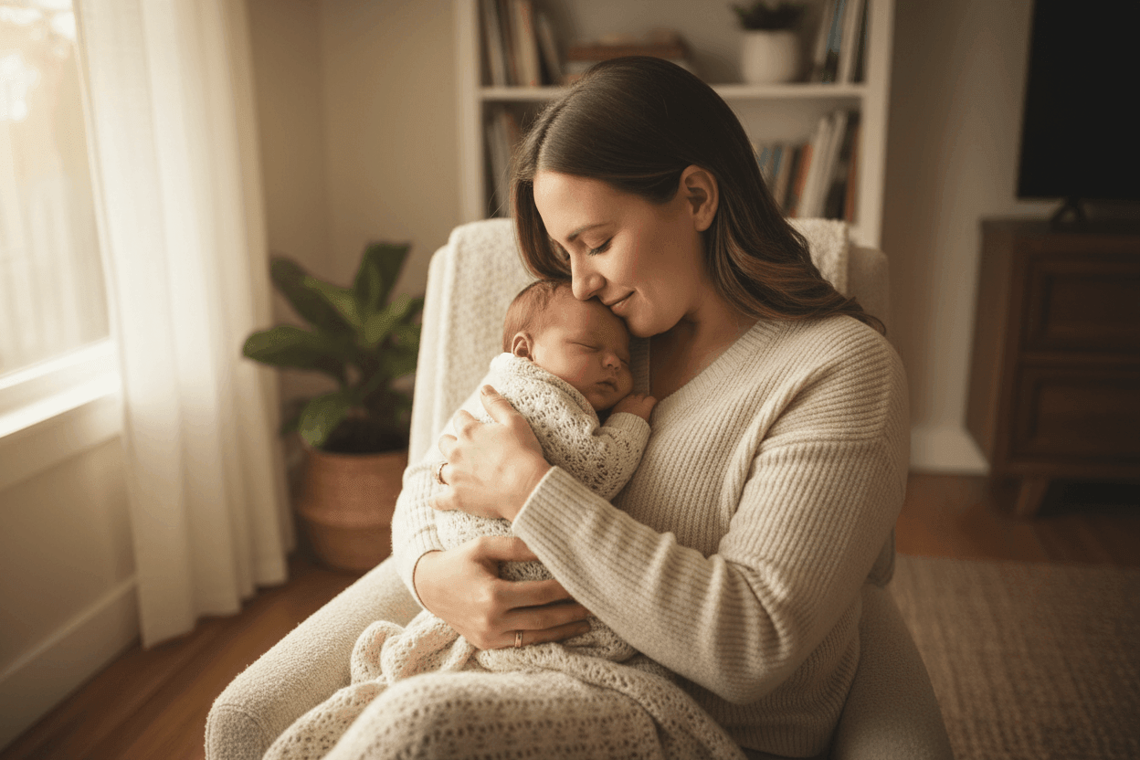 Woman holding a newborn baby in a cozy living room.