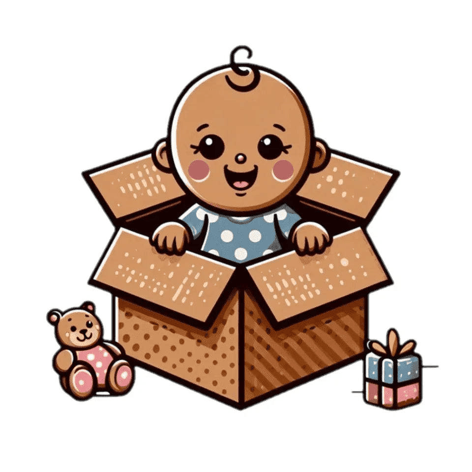 Cute baby in box with teddy bear and gift, perfect for baby showers and themed gifts