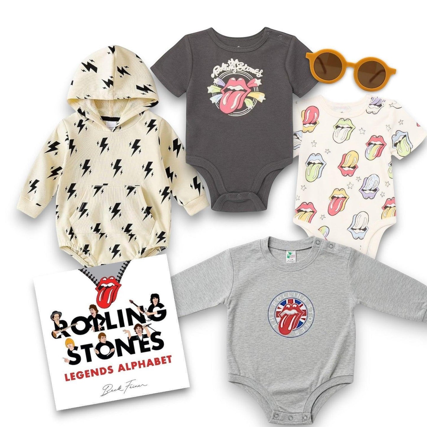 Hey Baby Box Rolling Stones inspired baby gift set with four onesies and a book. Includes grey, cream, and multi-colored designs.