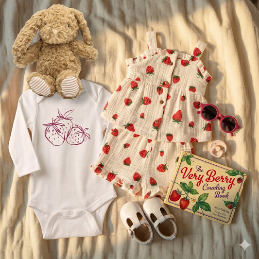 Hey Baby Box strawberry themed baby girl gift set with a white onesie, muslin top and bottoms, white shoes, pink sunglasses, pacifier, plush bunny, and book.