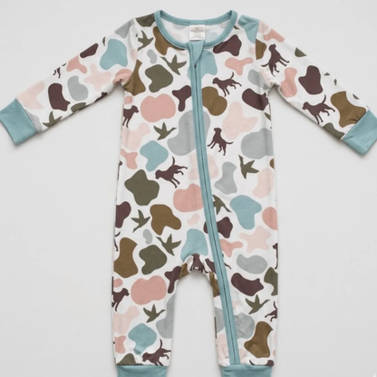 Children's onesie with animal pattern on a white background