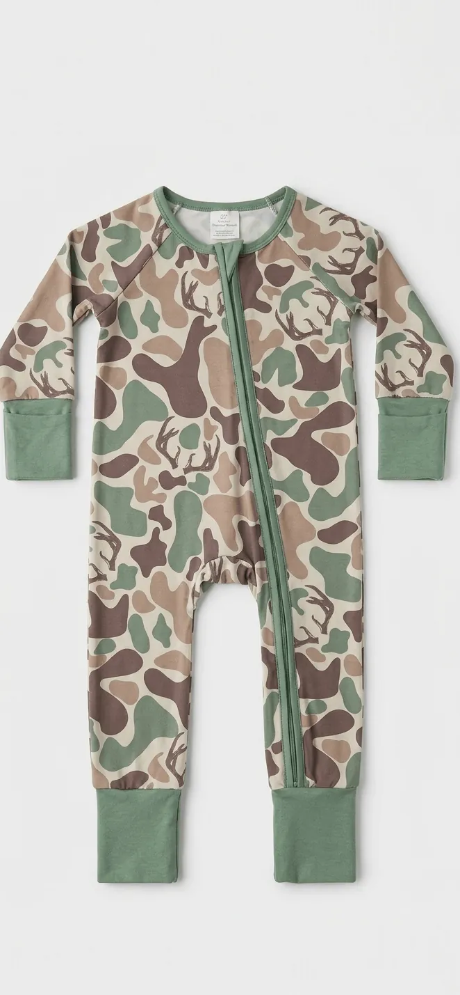 Camouflage-patterned onesie with green accents on a white background