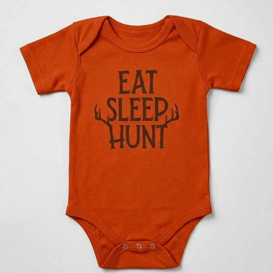 Orange baby onesie with 'EAT SLEEP HUNT' text on a light gray background