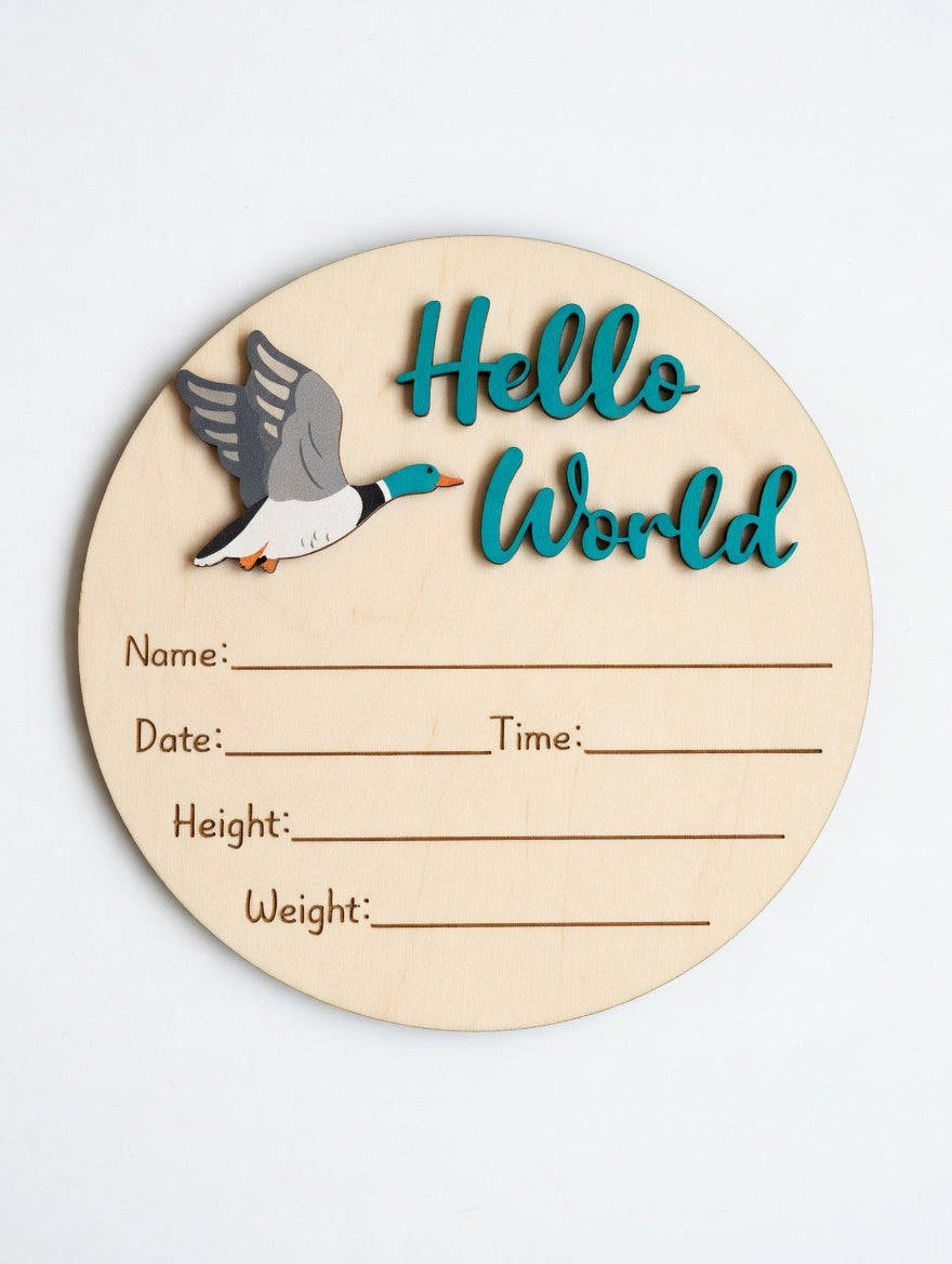 Wooden baby milestone plaque with 'Hello World' text and a bird illustration on a white background.