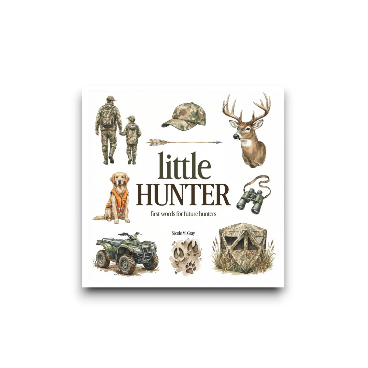 Book cover of 'Little Hunter' with hunting-themed illustrations on a white background