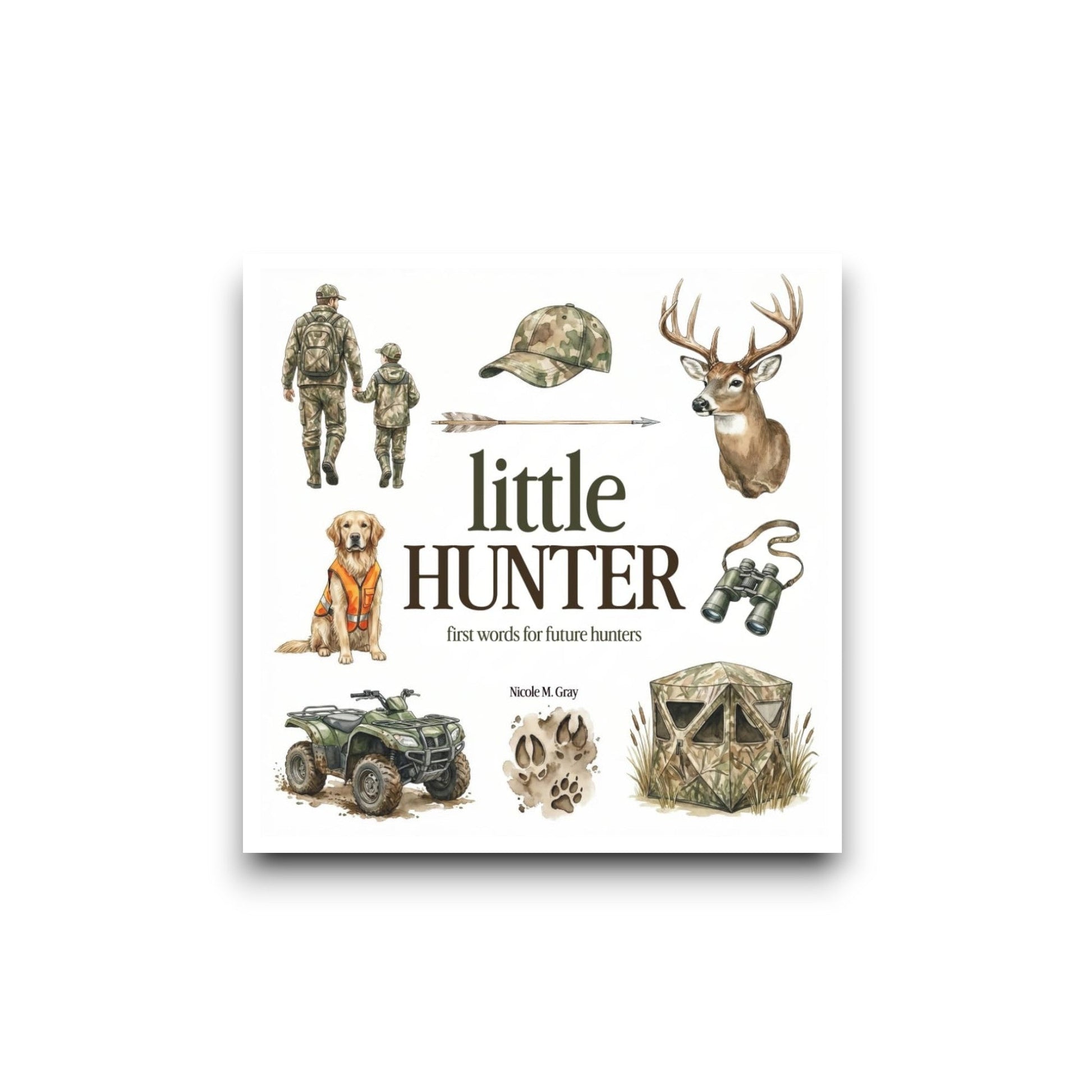 Book cover of 'Little Hunter' with hunting-themed illustrations on a white background