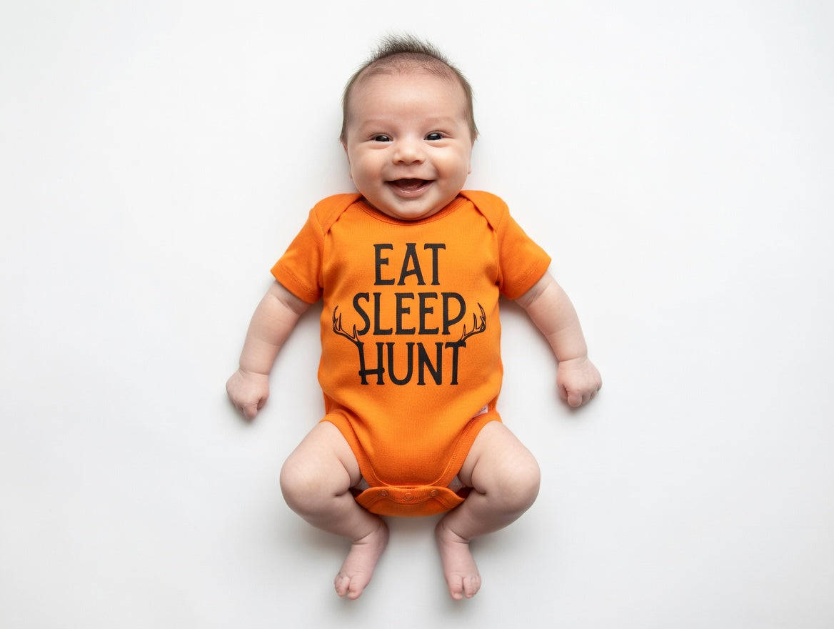 Baby wearing an orange onesie with 'EAT SLEEP HUNT' text on a white background
