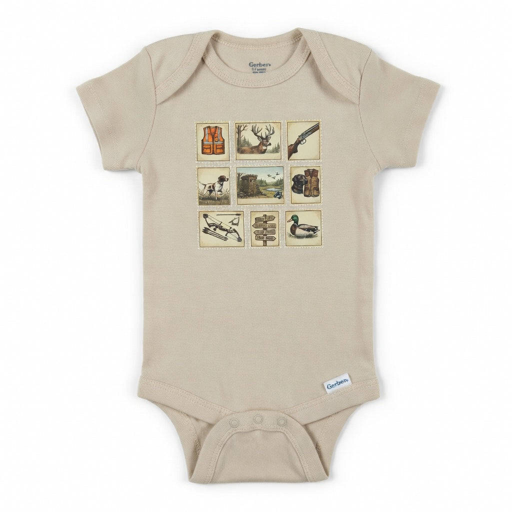 Beige baby onesie with hunting designs on a white background