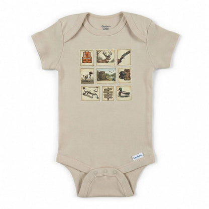 Beige baby onesie with hunting designs on a white background