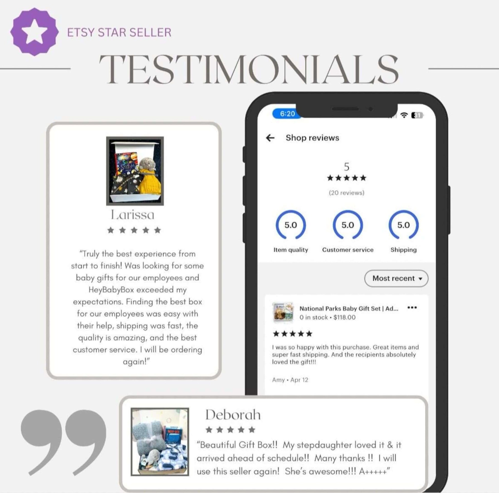 Etsy star seller testimonials with customer reviews on a smartphone screen.