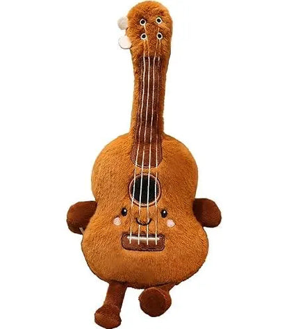 Plush toy resembling a brown guitar with a face on a white background