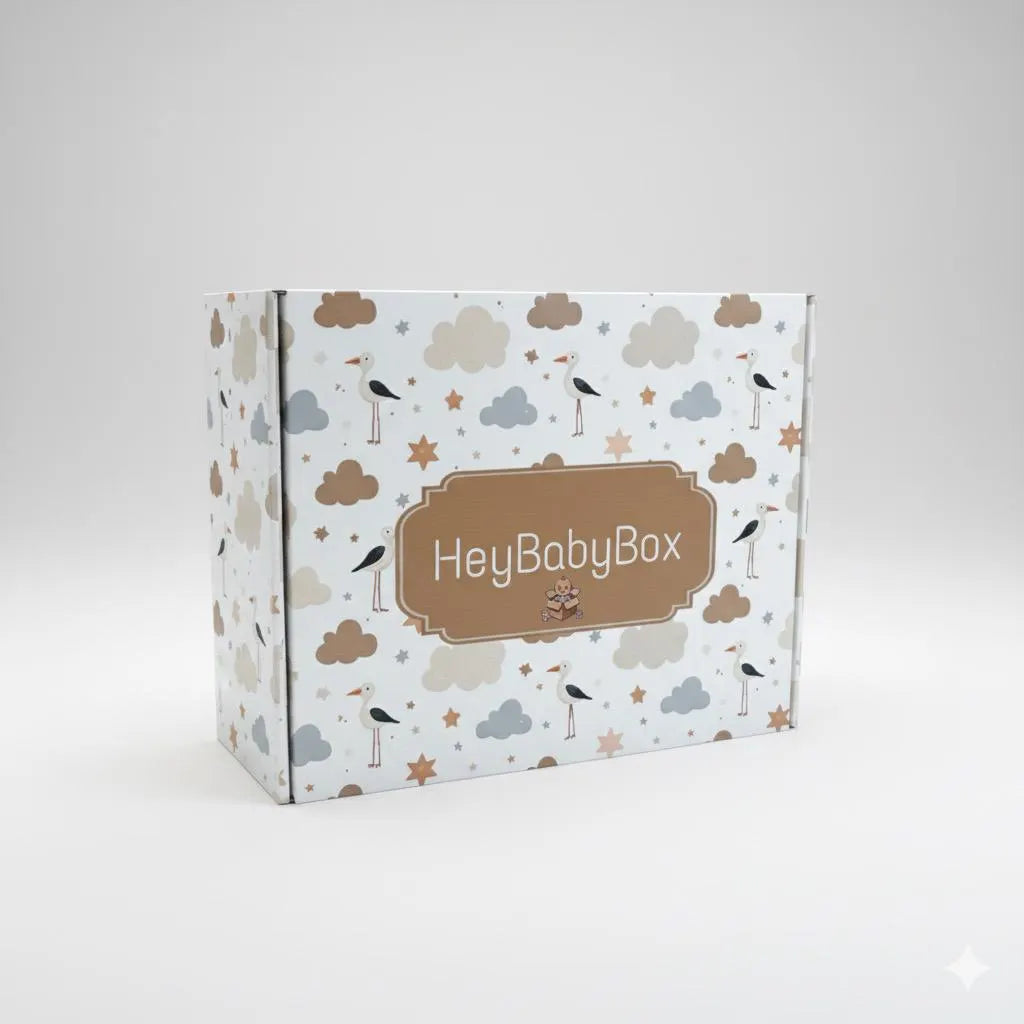 Box with 'HeyBabyBox' branding on a white background