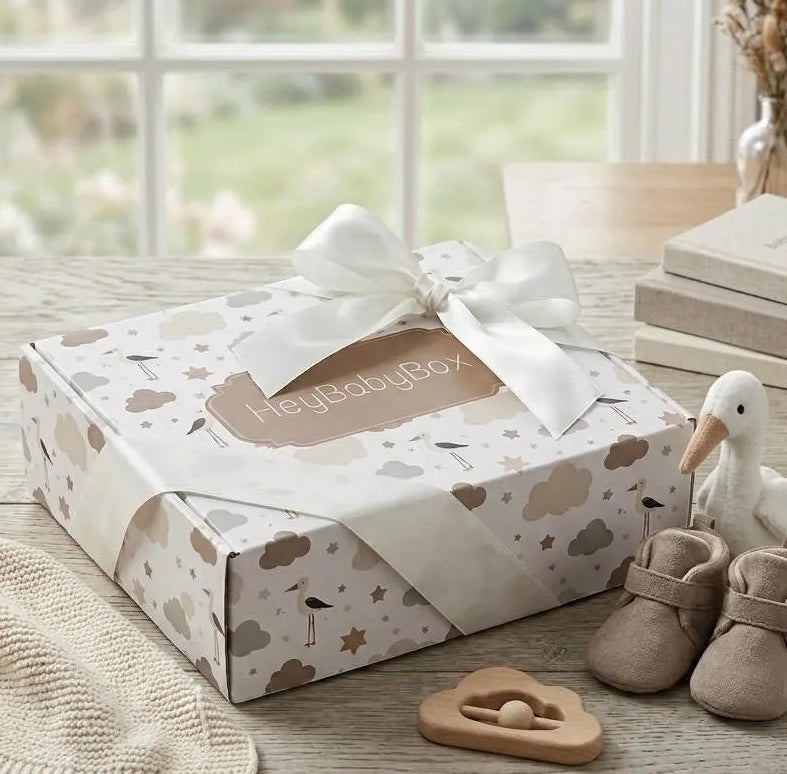 Baby gift set with 'Hey Baby Box' box, shoes, and toys on a wooden surface.