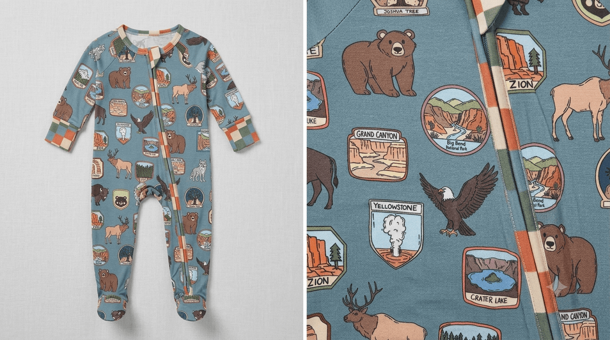 A children's long-sleeve footed one-piece pajama in a muted blue-gray color, covered in a detailed outdoor-themed print featuring bears, eagles, a moose, and various scenic patches. The left panel shows the full garment laid flat, and the right panel shows a close-up of the fabric pattern.