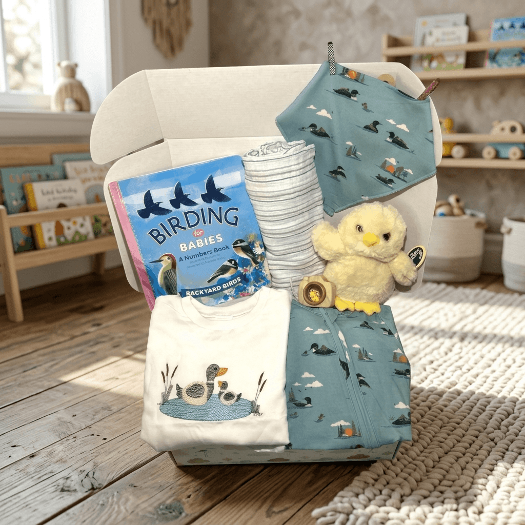 Baby gift set with books, blankets, and toys on a chair in a nursery.