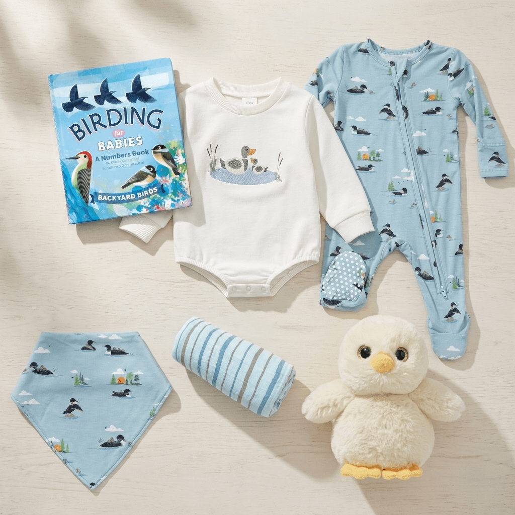 Collection of baby clothing and items with bird-themed designs on a neutral background