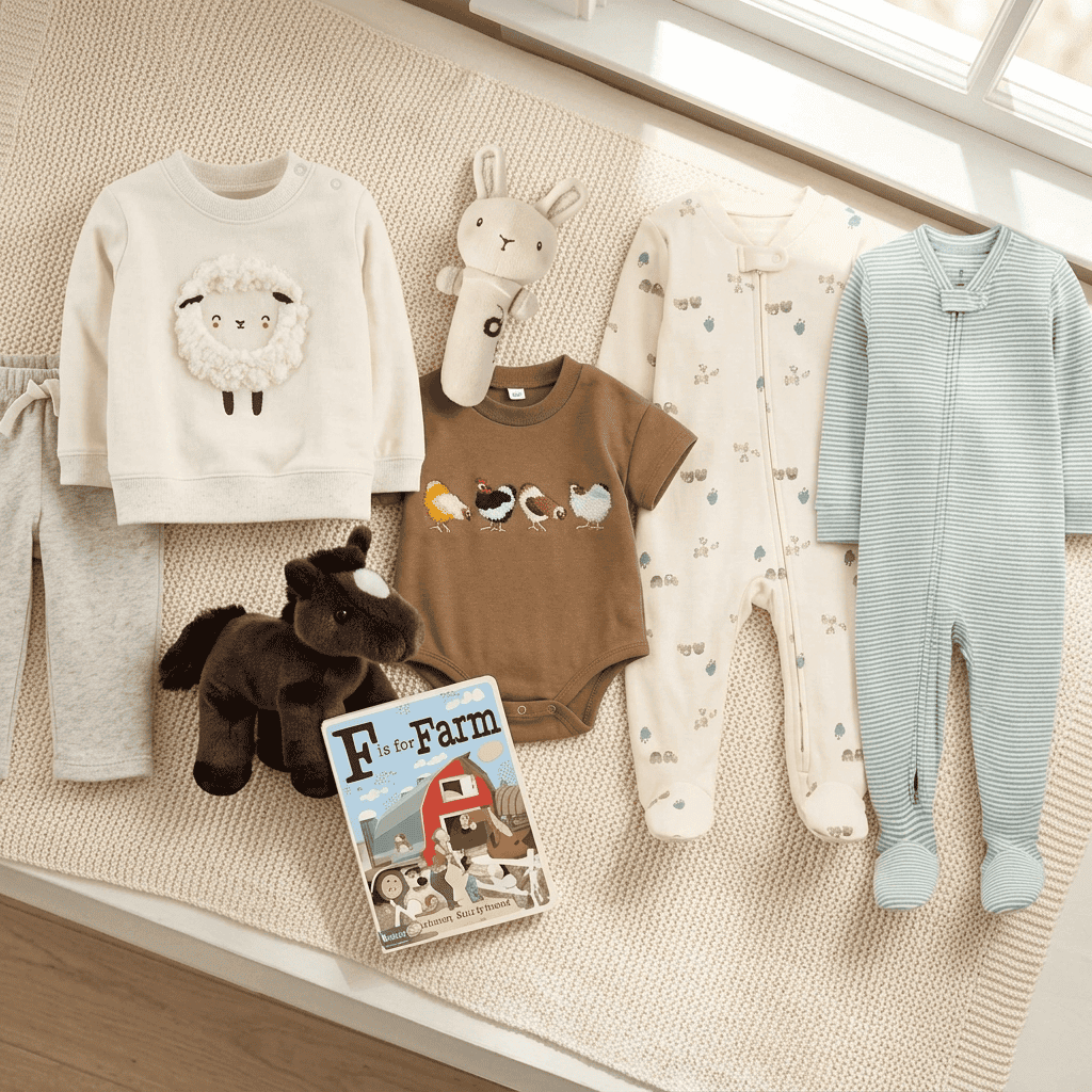 A styled flat-lay of baby clothing and accessories on a cream woven rug near a window. The set includes a cream sweatshirt with a sheep graphic, gray pants, a brown bodysuit with bird graphics, a cream footed one-piece with small prints, a light blue footed one-piece, a plush bunny toy, a plush dark brown horse, and a children's book titled 'Farm to My Farm'.