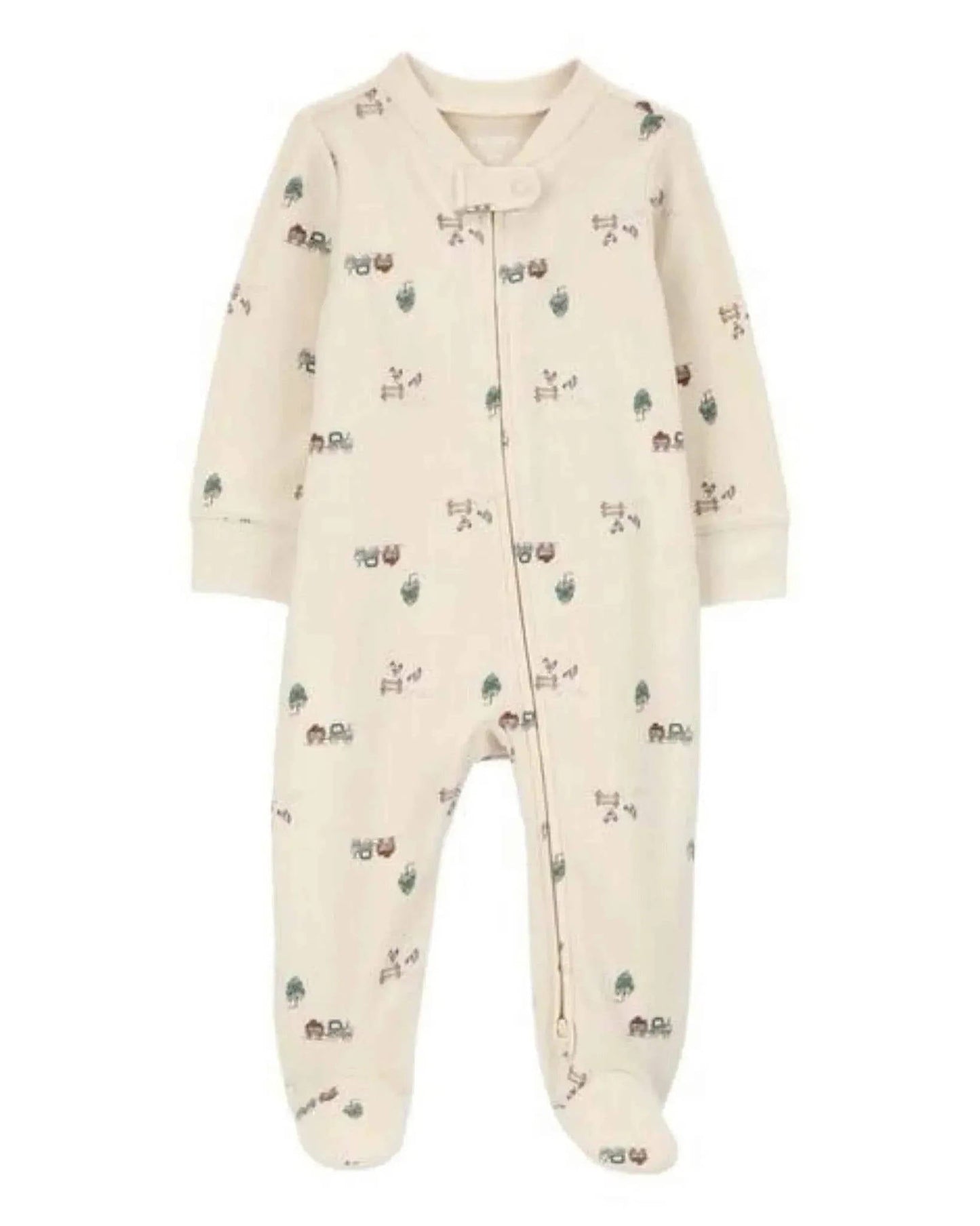 Cream baby footed pajamas with playful animal print, perfect for cozy nights and baby showers.