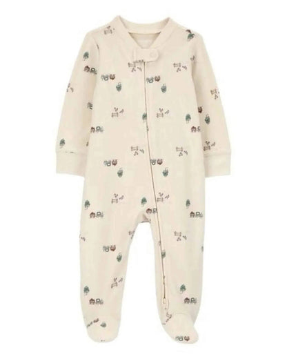 Cream baby footed pajamas with playful animal print, perfect for cozy nights and baby showers.