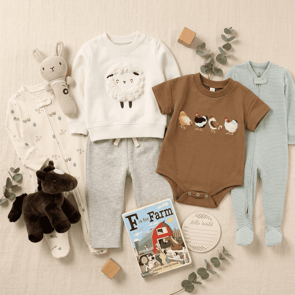 A styled flat-lay of baby clothing and accessories on a light fabric background, including a white sweatshirt with a sheep graphic, gray pants, a brown short-sleeve bodysuit with chicken graphics, a light blue striped footed romper, a plush bunny, a plush horse, a small book, and decorative props.