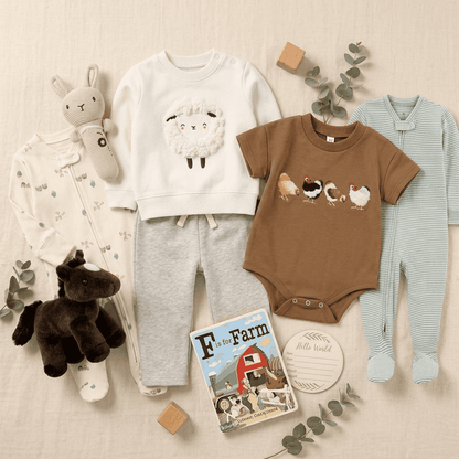 A styled flat-lay of baby clothing and accessories on a light fabric background, including a white sweatshirt with a sheep graphic, gray pants, a brown short-sleeve bodysuit with chicken graphics, a light blue striped footed romper, a plush bunny, a plush horse, a small book, and decorative props.
