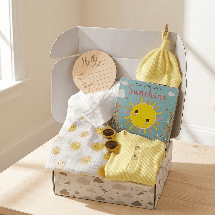 A baby gift box set displayed on a light wooden table in a bright room. The set includes a yellow knit bonnet, a yellow and white patterned blanket, a yellow knit romper, a blue book titled ' sunshine', a round wooden name card, and a patterned gift box.