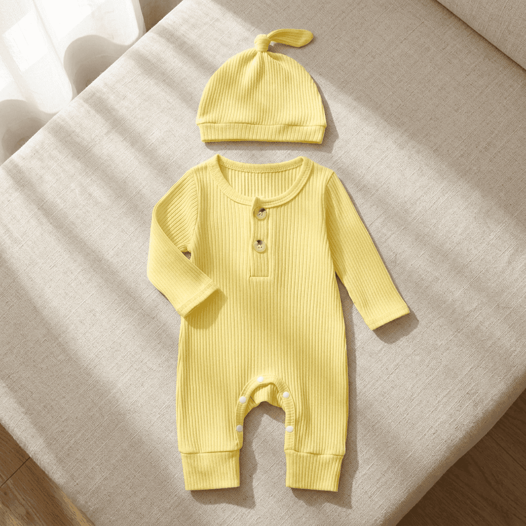A baby's long-sleeve ribbed romper in pale yellow with a matching knotted beanie hat, laid flat on a textured beige fabric surface.